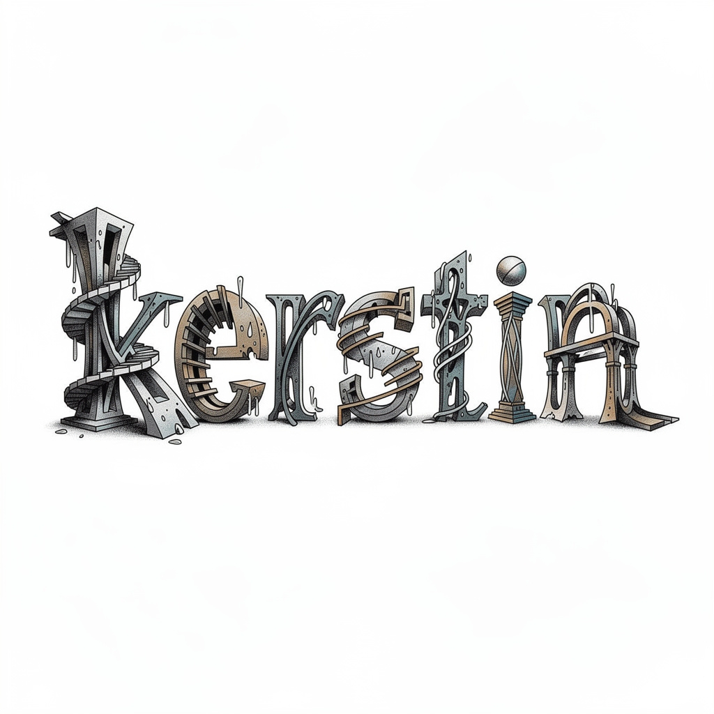 Surrealist tattoo concept where the name Kerstin is formed by dreamlike shapes on a white background.