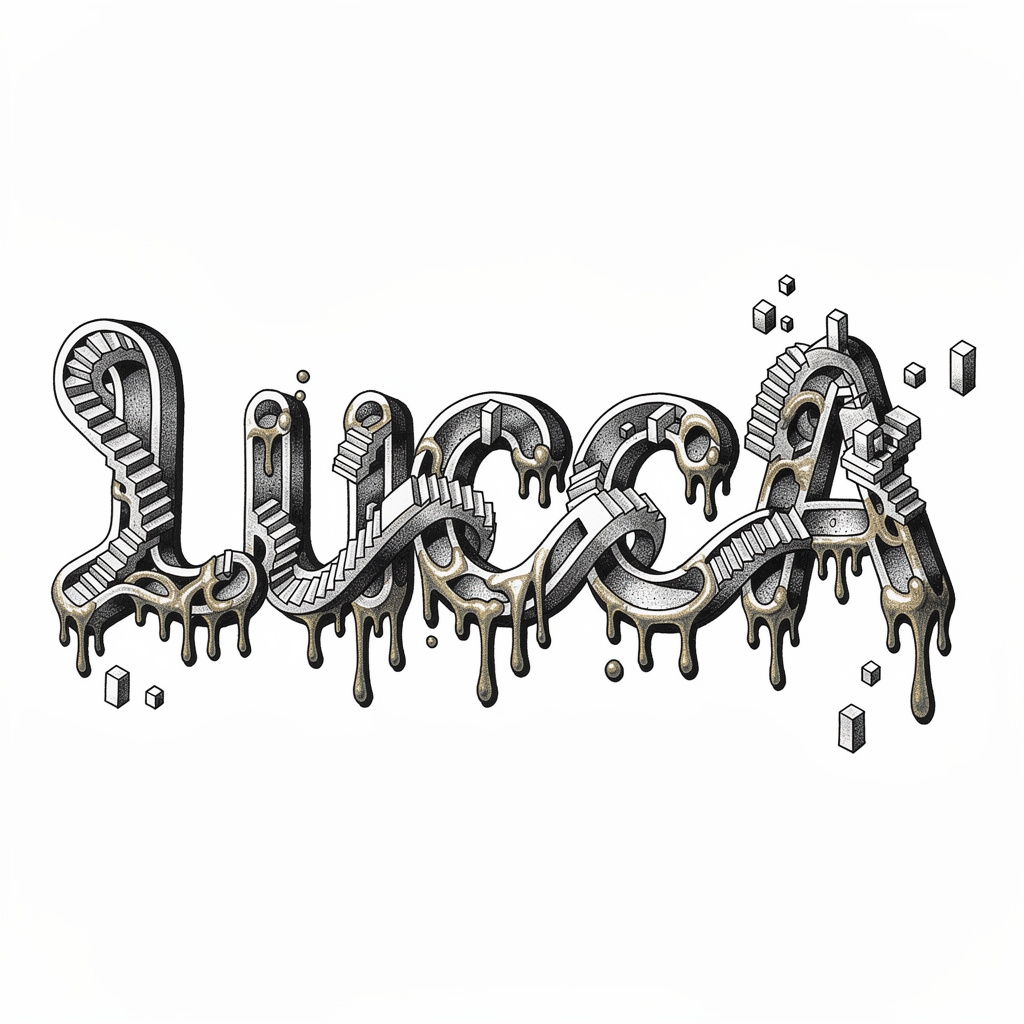 Surrealist black-and-gold tattoo-style lettering of the name Lucca on white.