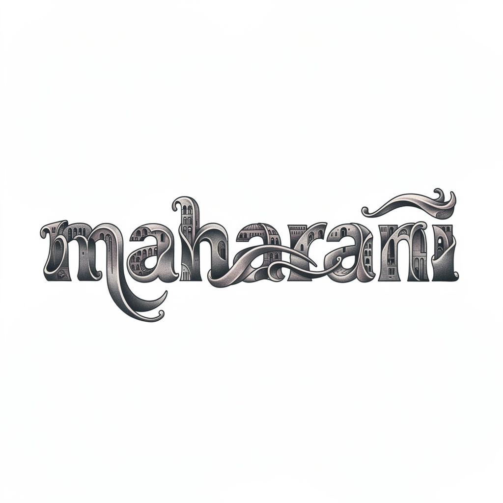 Surrealism-inspired Maharani name tattoo with warped, dreamlike lettering on white.