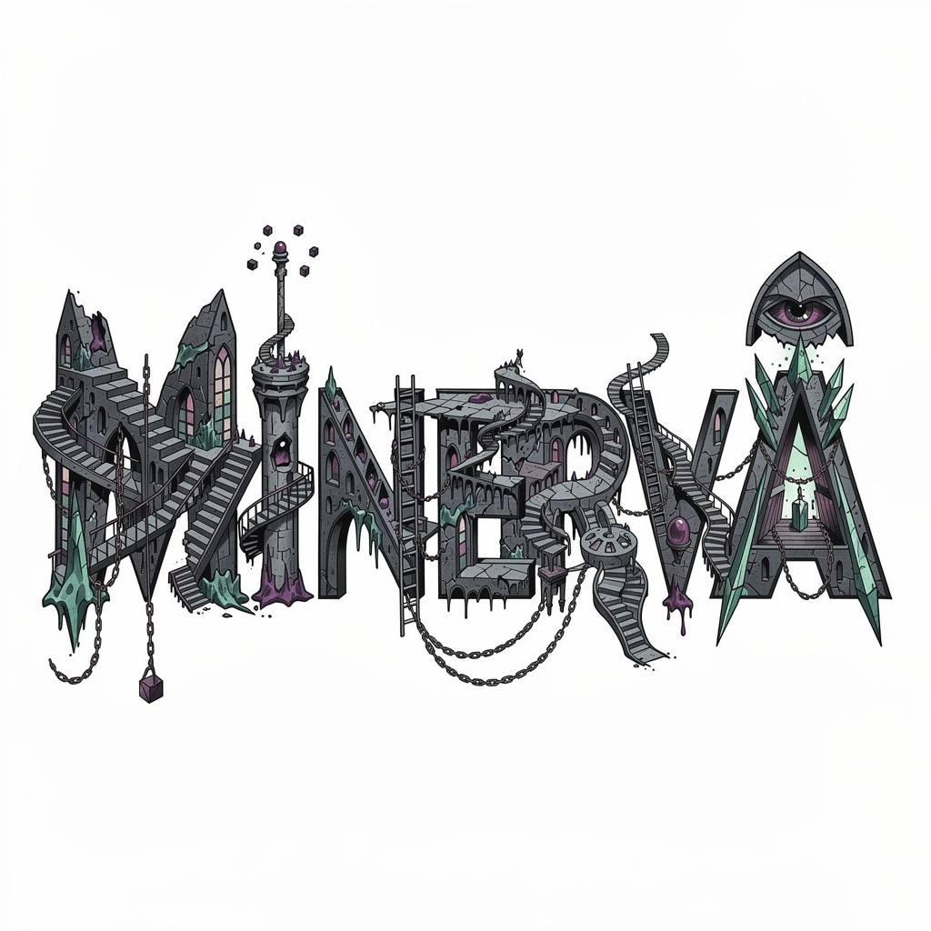 Surrealist tattoo-style design of the name Minerva on white background.