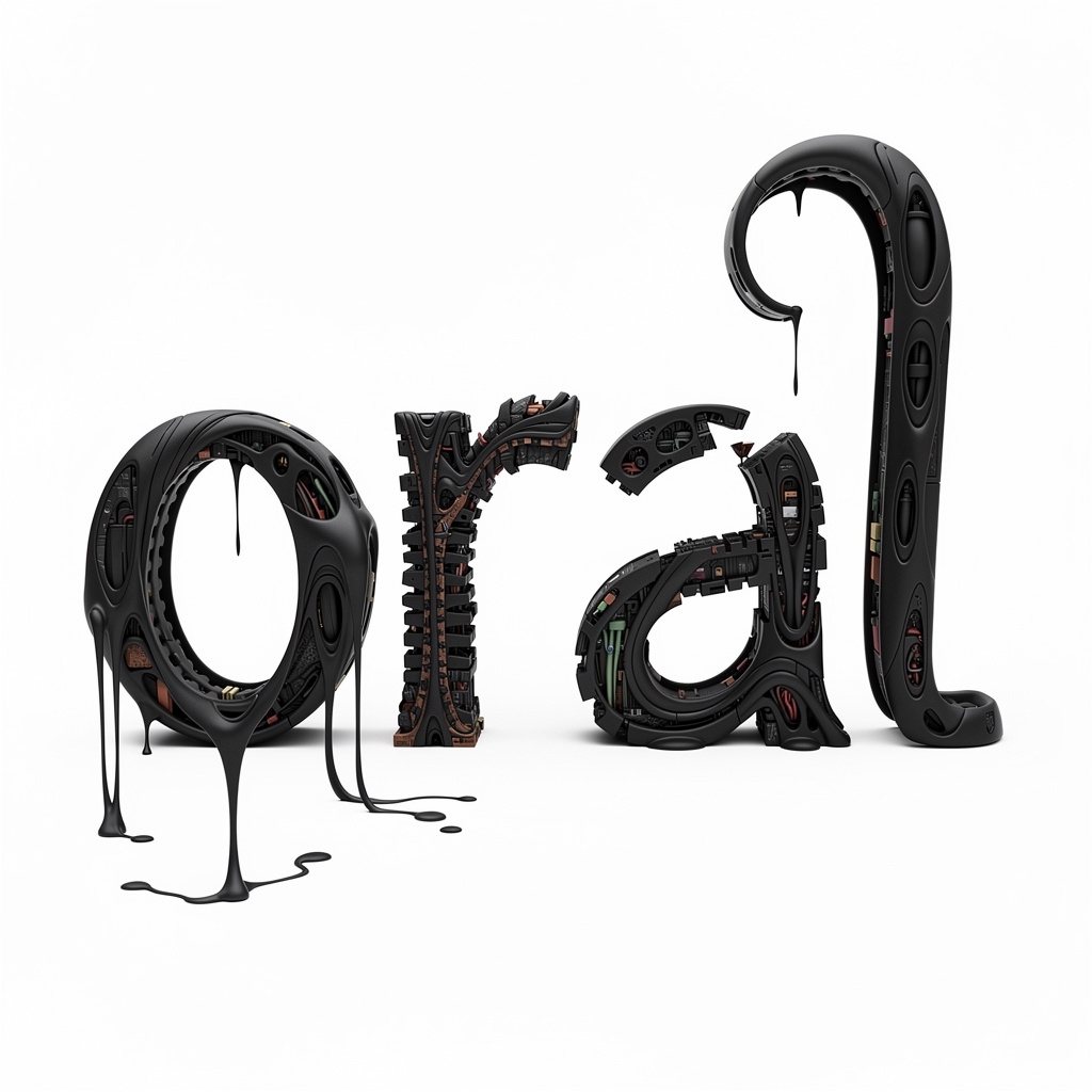 Surrealist tattoo-style design of the name Oral formed by distorted letters on white