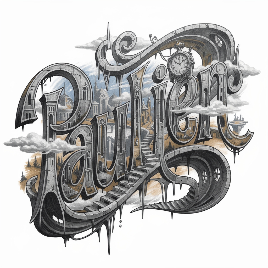 Surrealism tattoo artwork turning the name Paulien into distorted dreamlike lettering