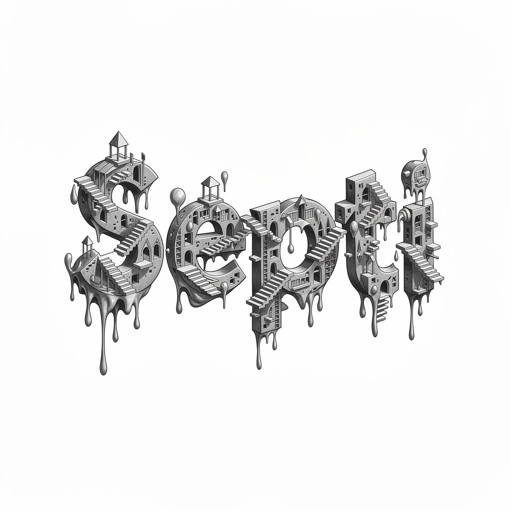 Surrealism tattoo-style design of the name Septi in distorted architectural lettering on white.