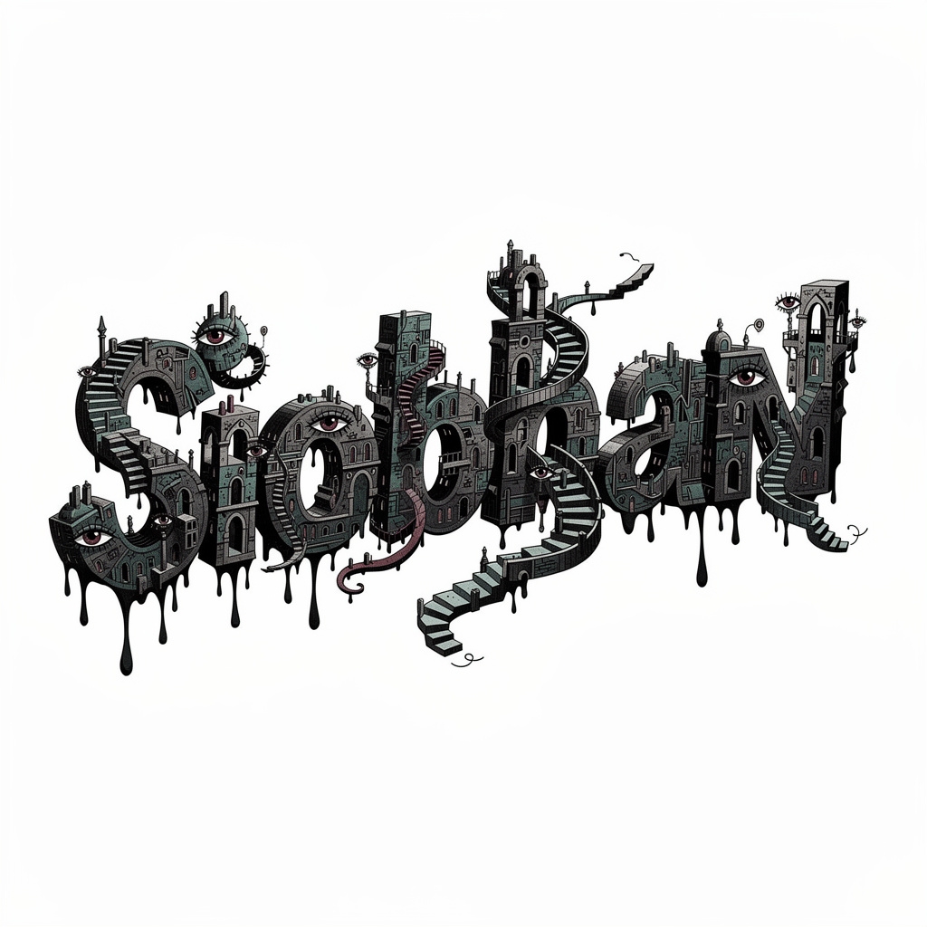 Surrealist tattoo-style image where the name Siobhan is built from bizarre architectural forms on white.
