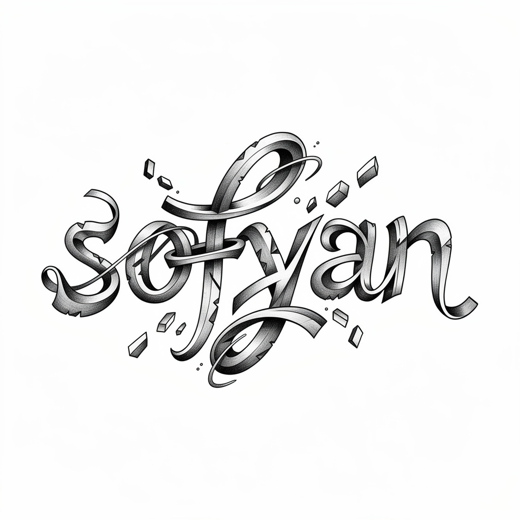 Surrealism tattoo-style design of the name Sofyan with warped, melting lettering on a white background.