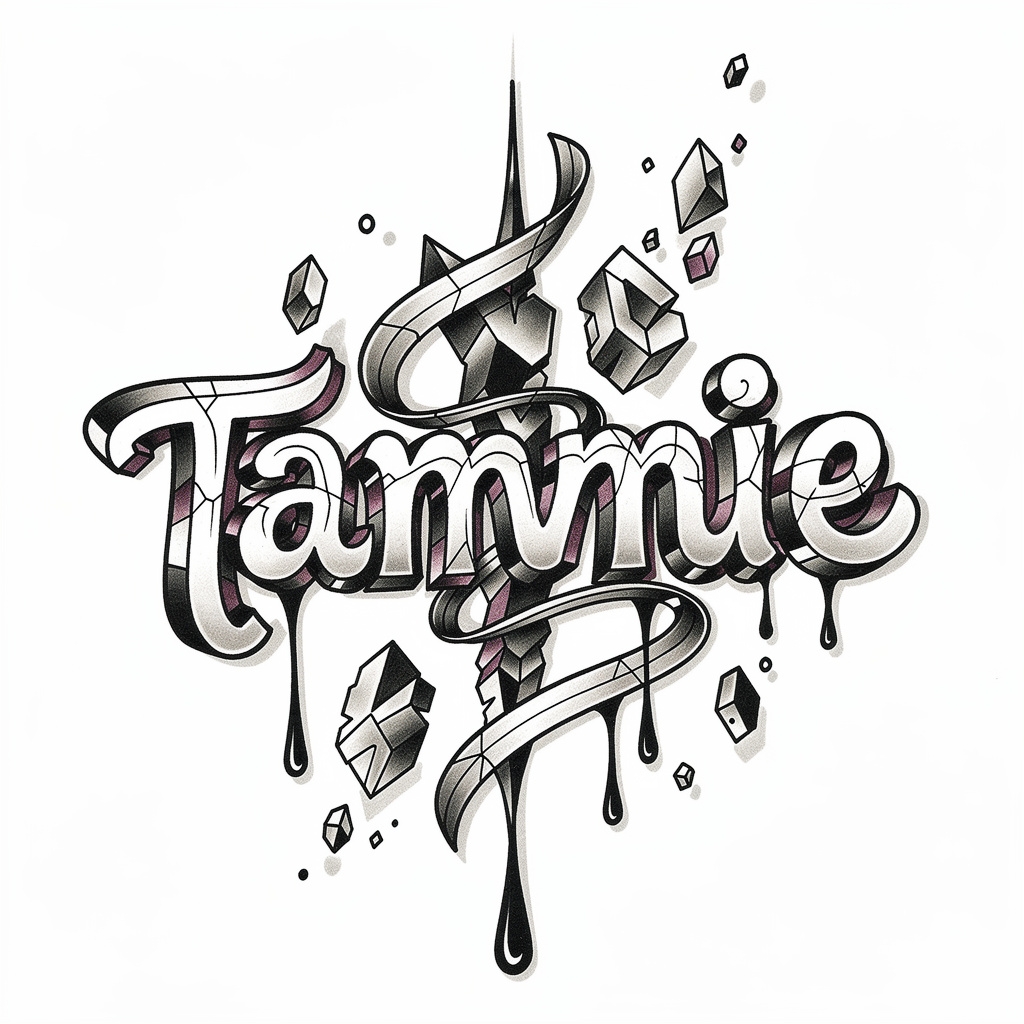 Surrealist black-and-gray tattoo design of the name Tammie with melting, twisting letters on a white background.