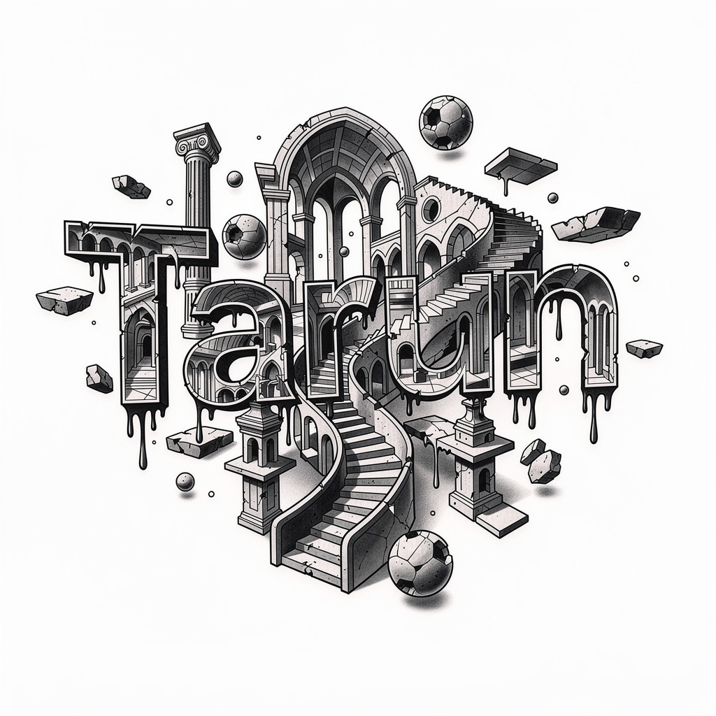 Surrealism-style tattoo design where the name Tarun forms part of a dreamlike abstract structure.