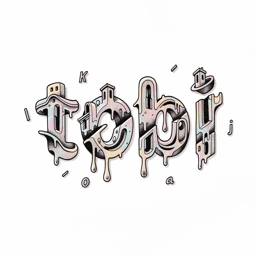 Surrealism-inspired tattoo design of the name Tobi in distorted lettering.