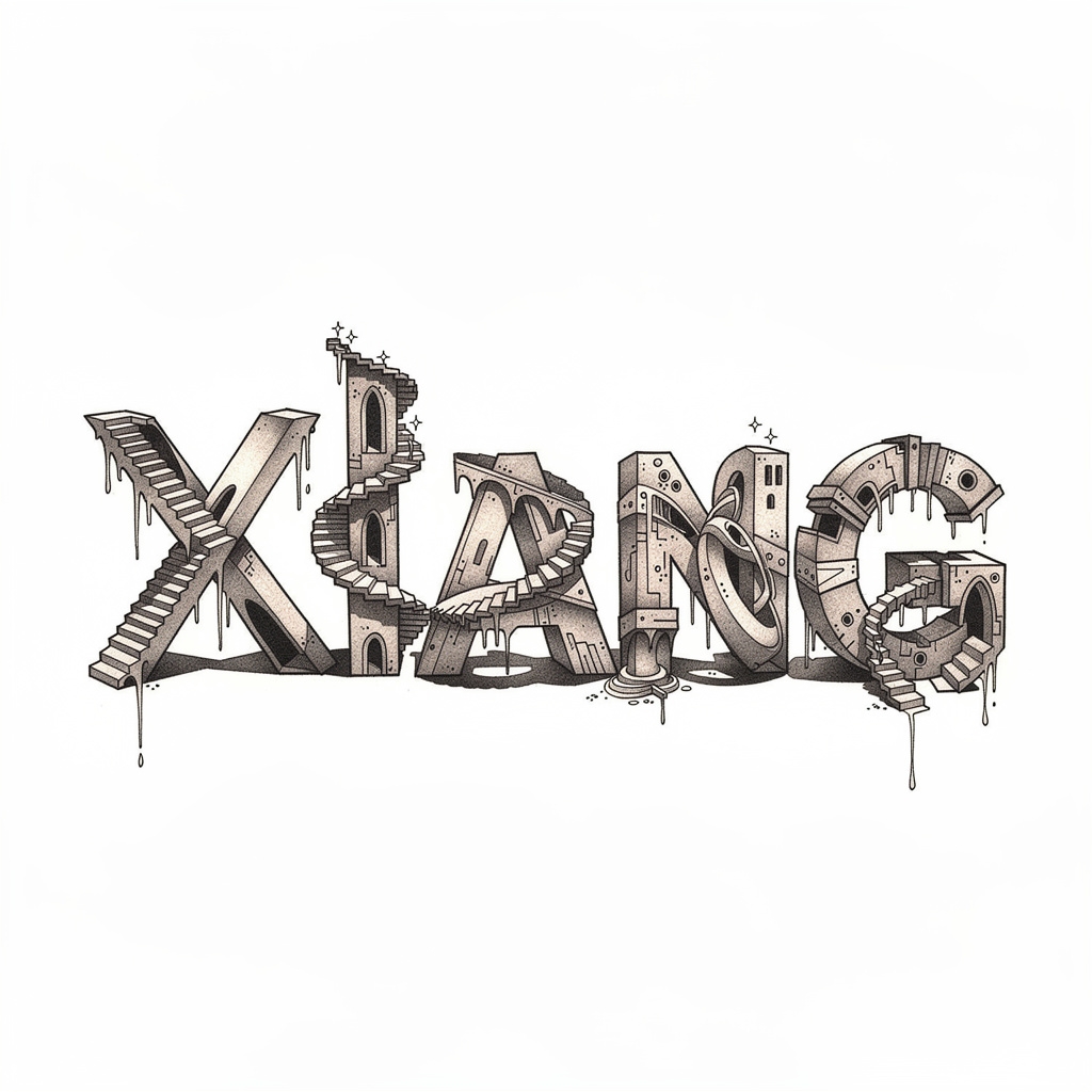 Surrealist tattoo concept of the name Xiang, letters forming dreamlike shapes.