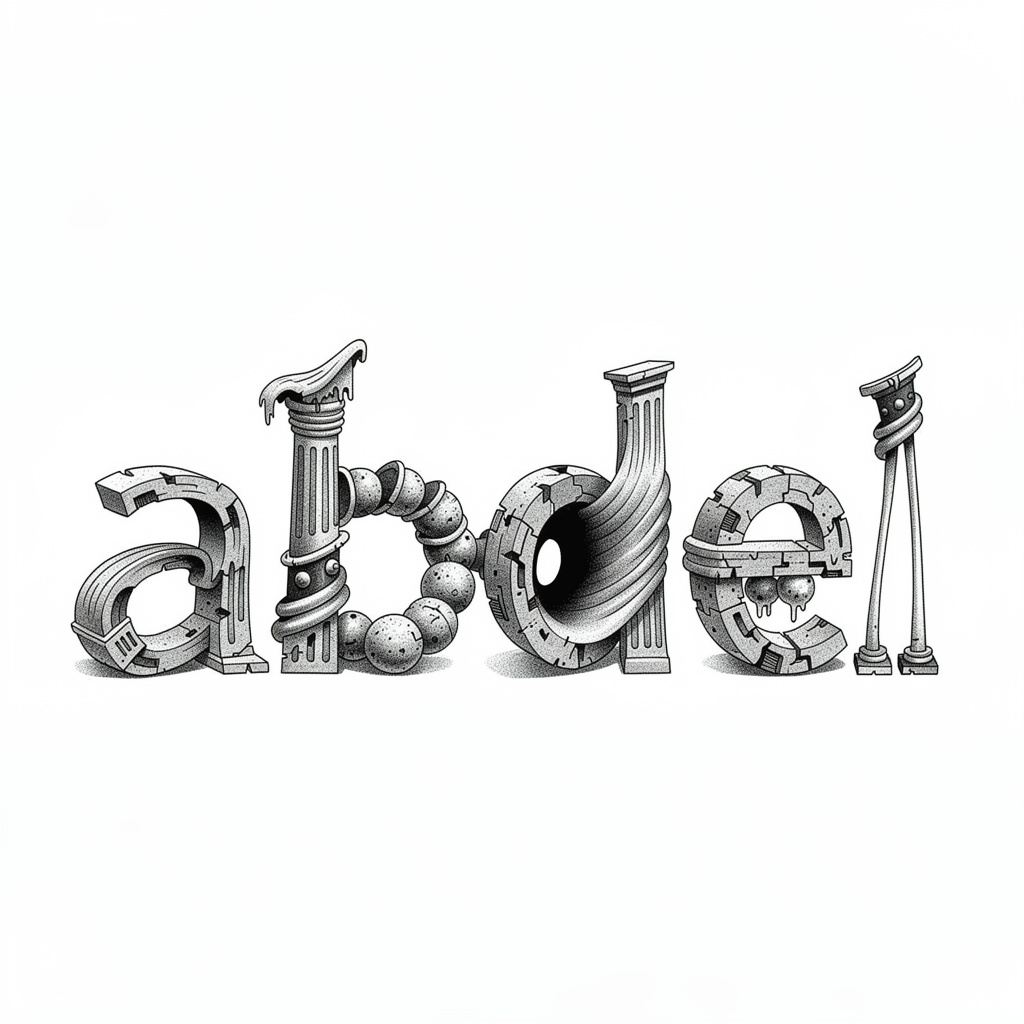 Surrealist tattoo concept of the name Abdel on a white background