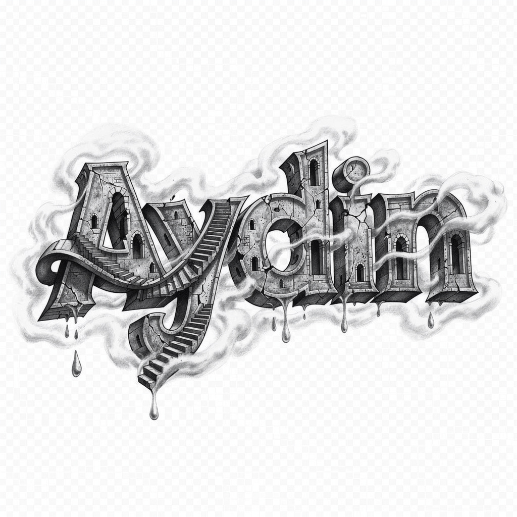 Surrealist tattoo artwork of the name Aydın with melting, floating letters.