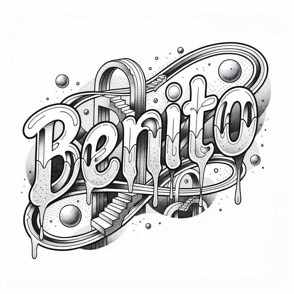 Surrealist black-and-gray tattoo design integrating the name Benito into abstract shapes on a white background.