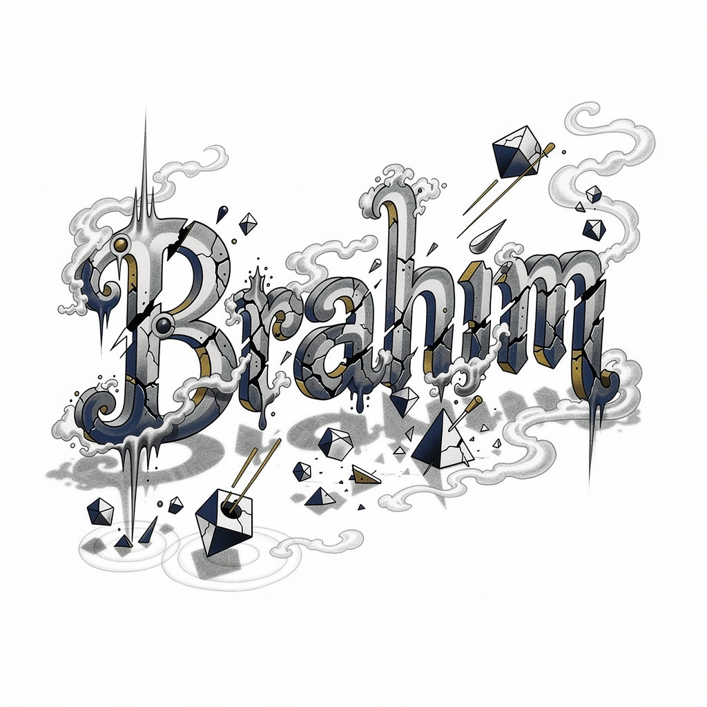 Surrealist tattoo-style design featuring the name Brahim on a white background