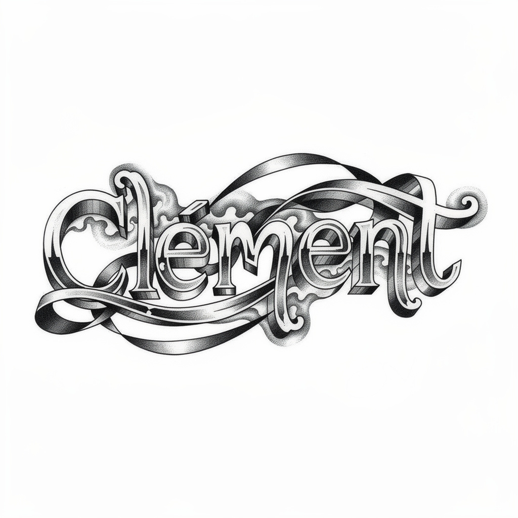 Surrealist monochrome tattoo design of the name Clément