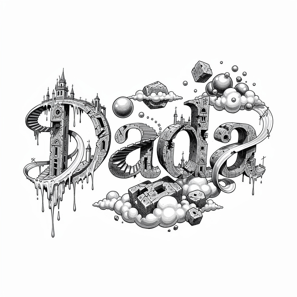 Surrealist black and gray tattoo design where the name Dada transforms into abstract dreamlike shapes on white background