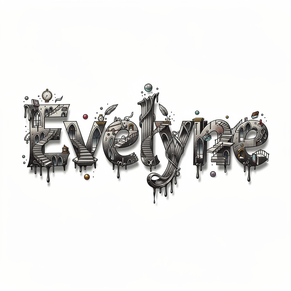 Surrealism tattoo artwork of the name Evelyne on a white background.