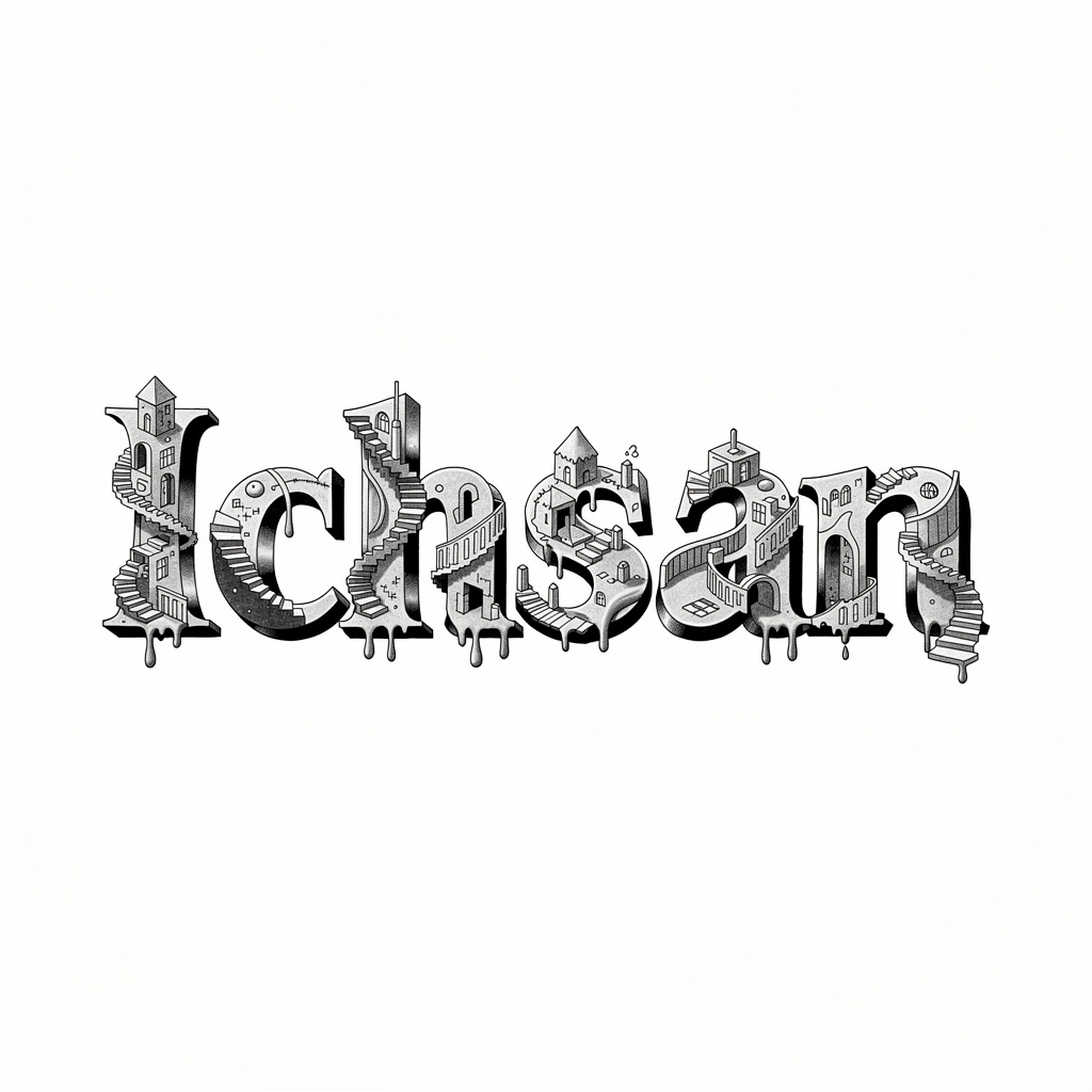 Surrealist black and gray tattoo design of the name Ichsan on white.