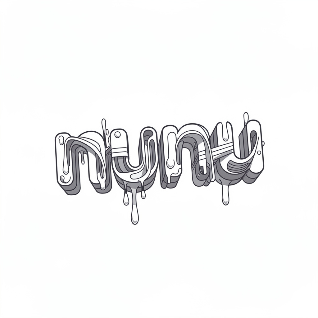 Surrealist black and grey tattoo-style artwork forming the name Nunu with warped letters on white background.