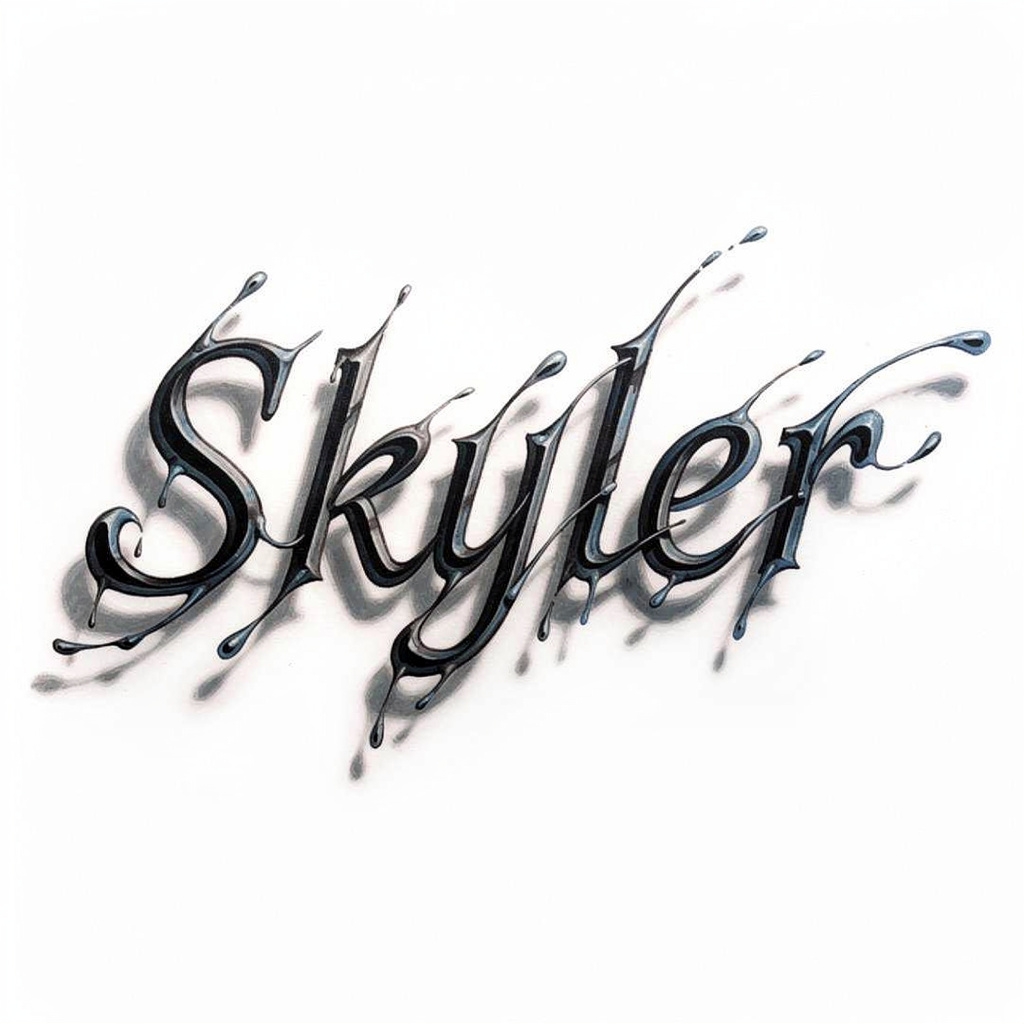 Surrealist tattoo design of the name Skyler with distorted, dreamlike lettering on a white background.