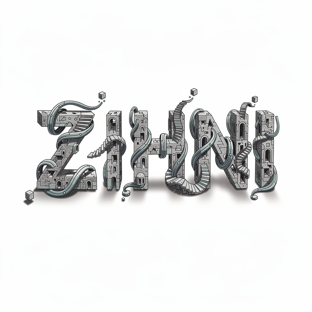 Surrealism tattoo artwork where the name Zihni is formed by impossible shapes on a white background.
