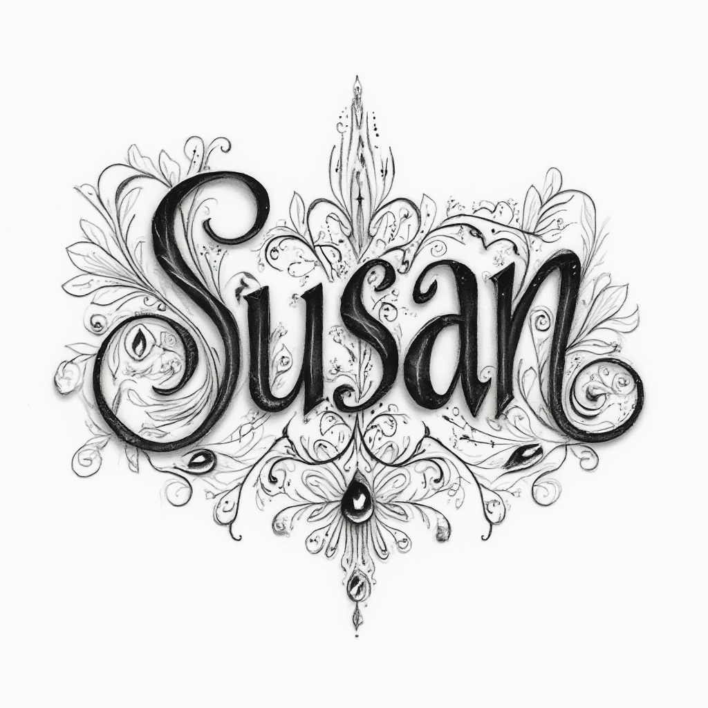 Ornamental tattoo concept of the name susan built from filigree lettering and floral scrollwork on a white background
