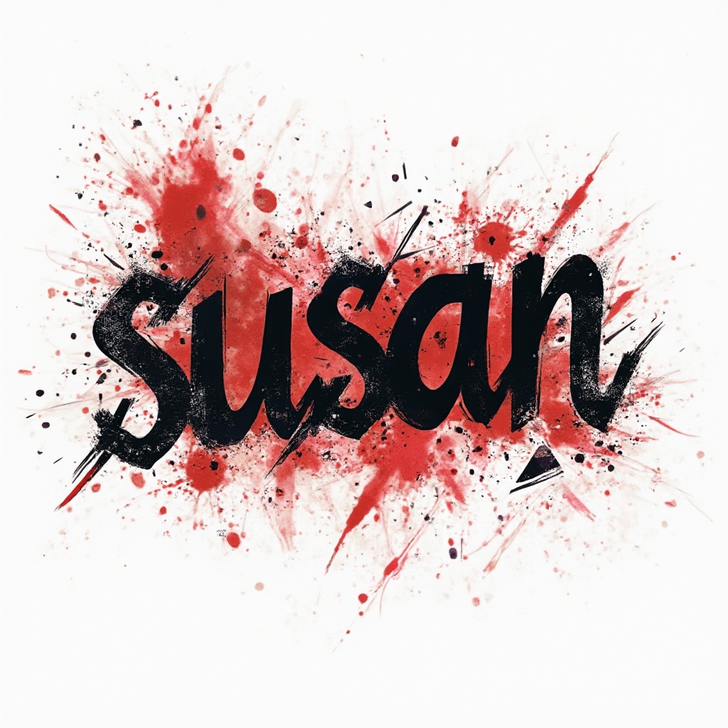 Trash polka tattoo concept of the name susan in bold black script with red smears and splatters on a white background