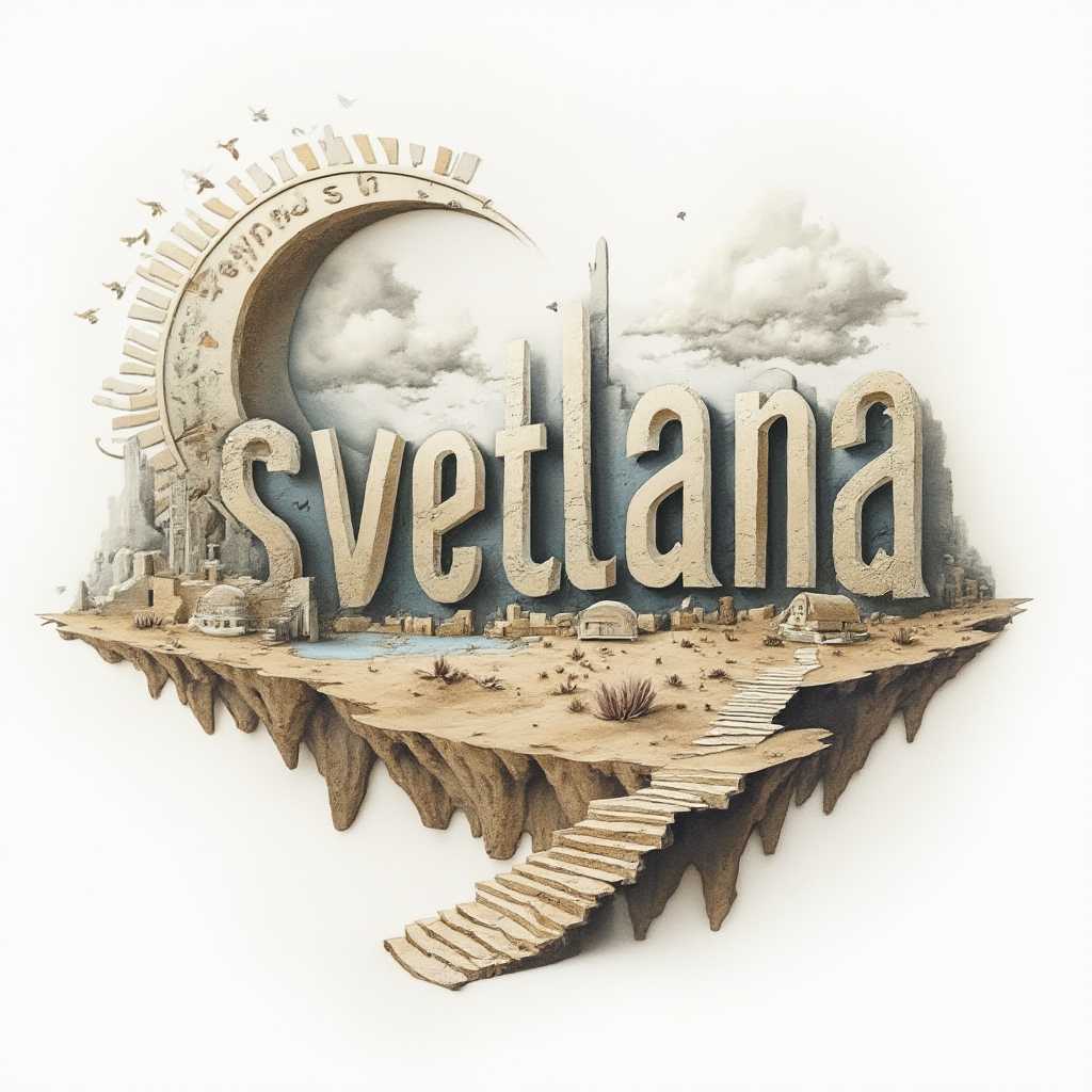 Surrealist tattoo design of the name svetlana turned into floating architectural letterforms in a dreamlike scene on a white background.