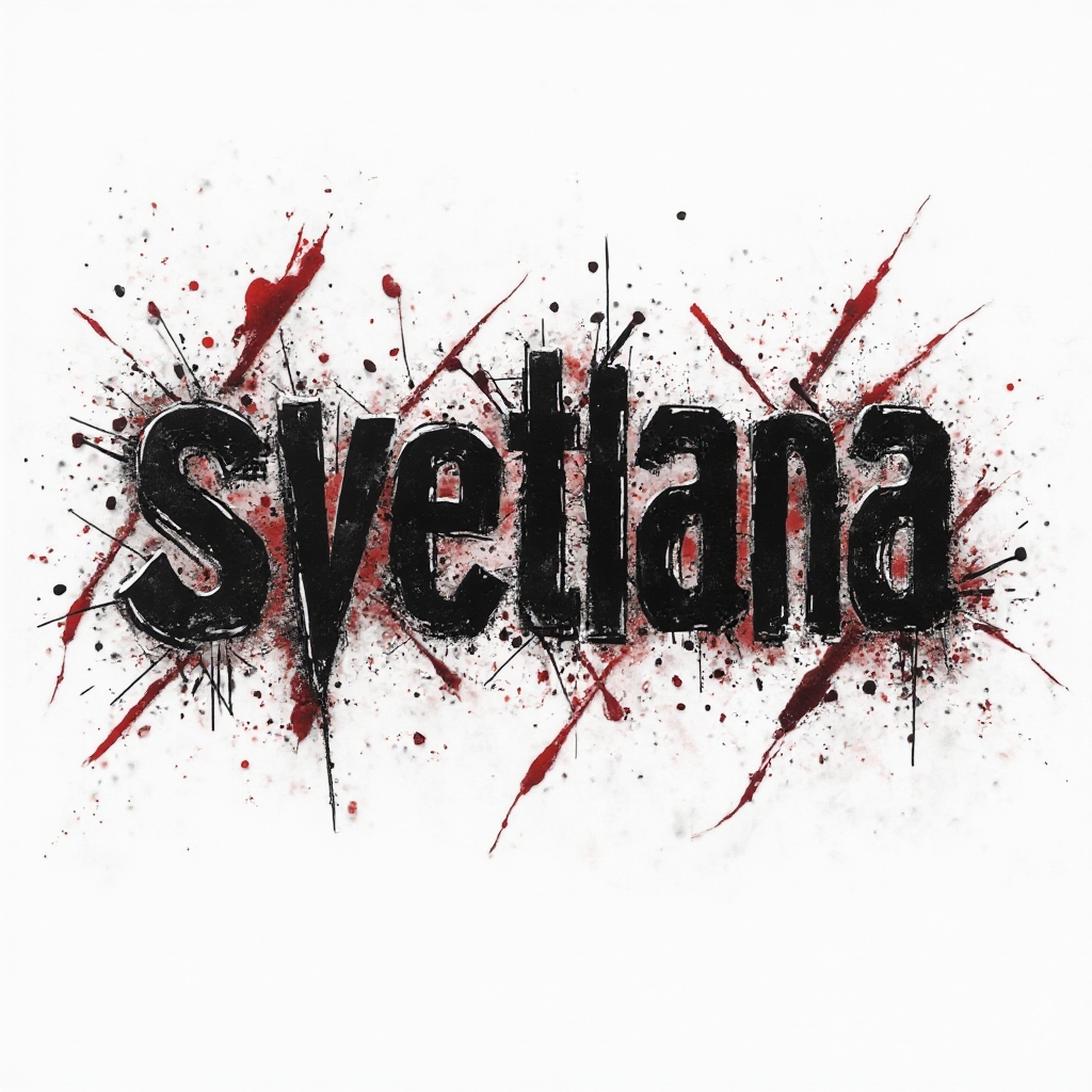 Trash Polka-style tattoo design of the name svetlana in fragmented black and red graphic lettering on a white background.
