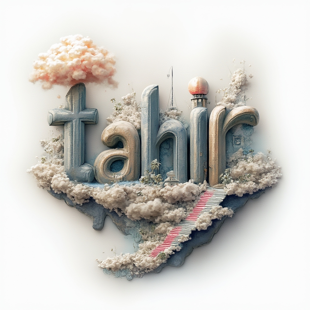 Surreal tattoo concept where tahir becomes a floating architectural dreamscape on a white background.