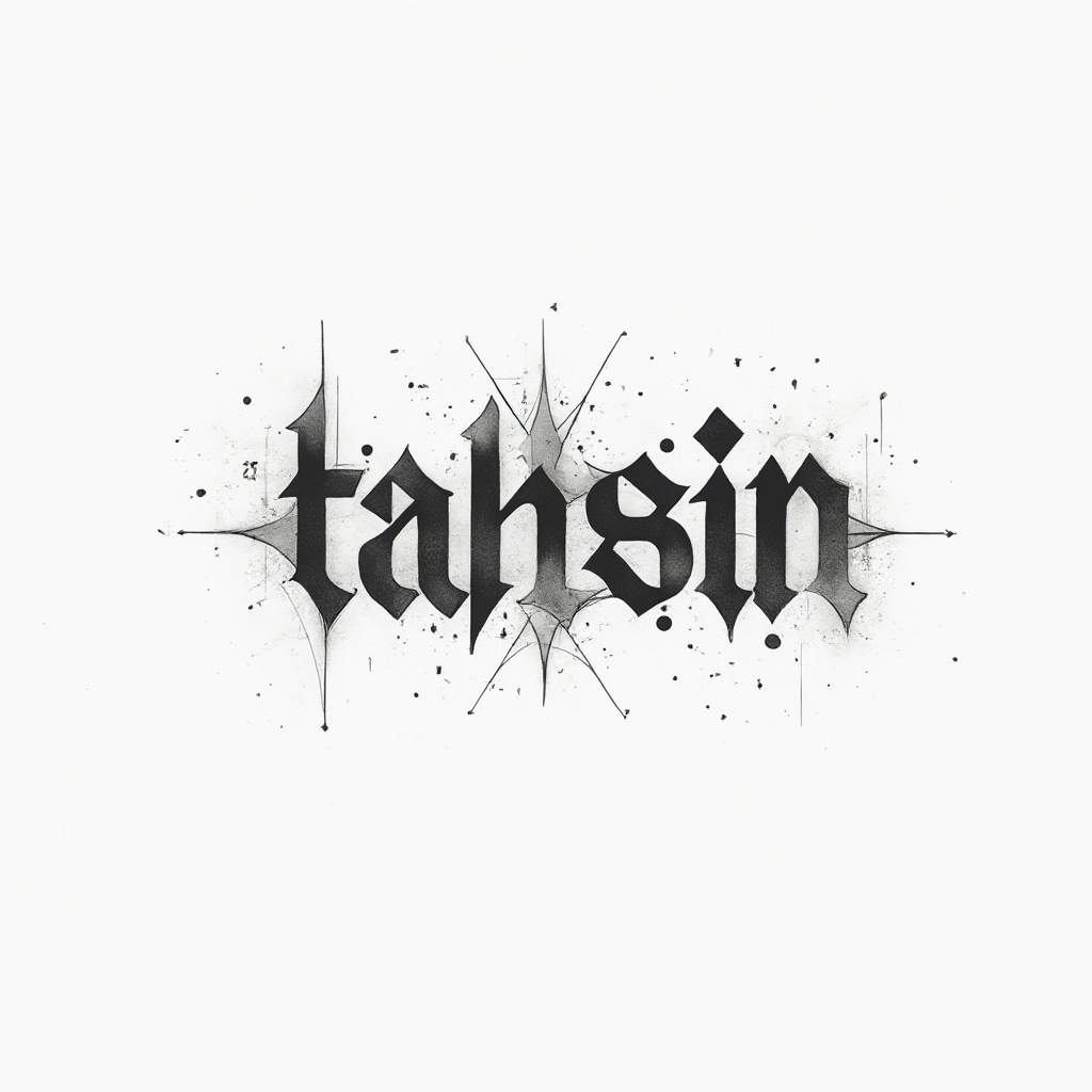 Minimal black geometric tattoo concept where interlocking lines and shapes form the name tahsin on a white background