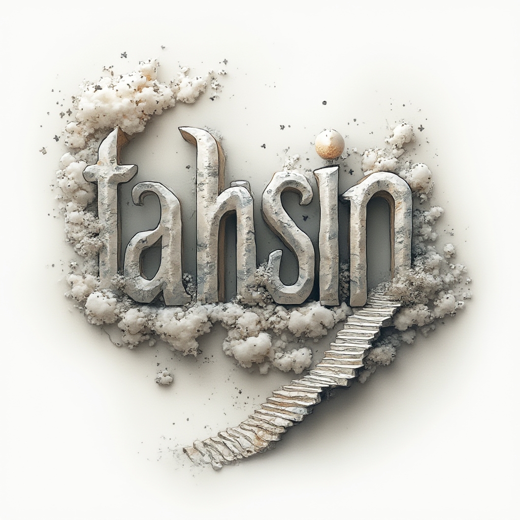 Surreal tattoo concept turning the name tahsin into a floating dreamlike structure of ribbons, stone, and portals on white