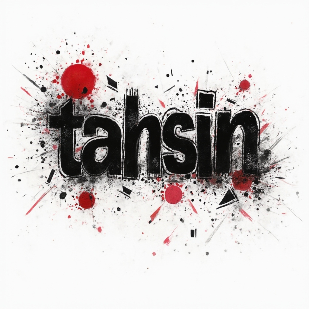 Trash Polka tattoo concept using bold black and red fractured lettering to form the name tahsin on a white background