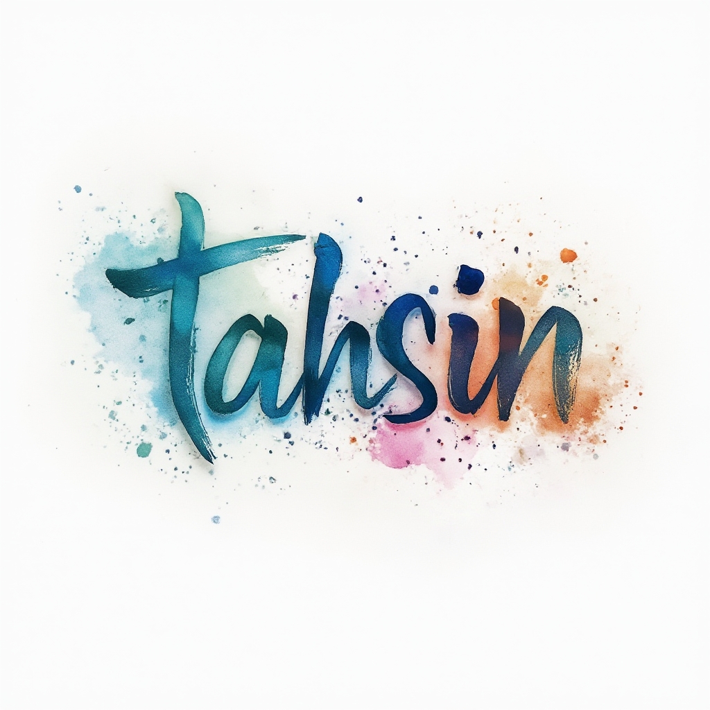 Watercolor-inspired tattoo concept where the name tahsin is formed by colorful blended brushstroke lettering on a white background