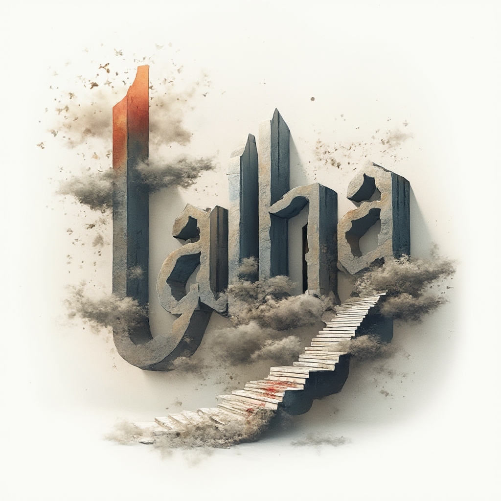 Surreal tattoo concept where the name talha becomes impossible dreamlike architectural lettering on a white background