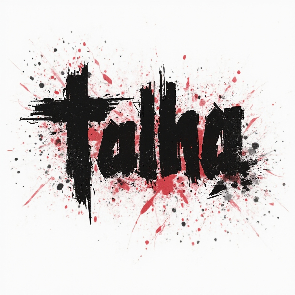 Trash Polka tattoo concept of the name talha with bold black angular lettering and red splashes on white