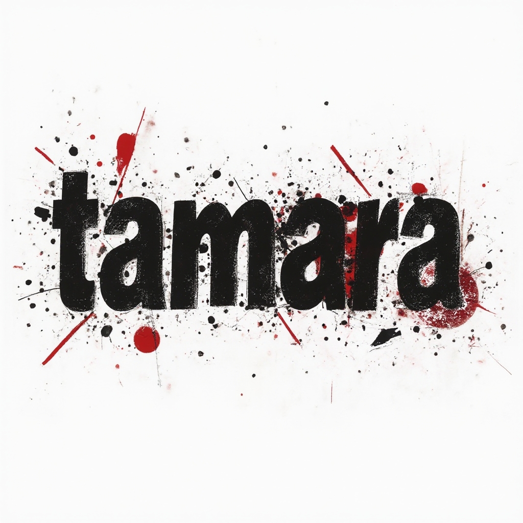 Trash Polka tattoo design where the name tamara is built from torn black lettering, red splashes, and bold graphic shapes on a white background.
