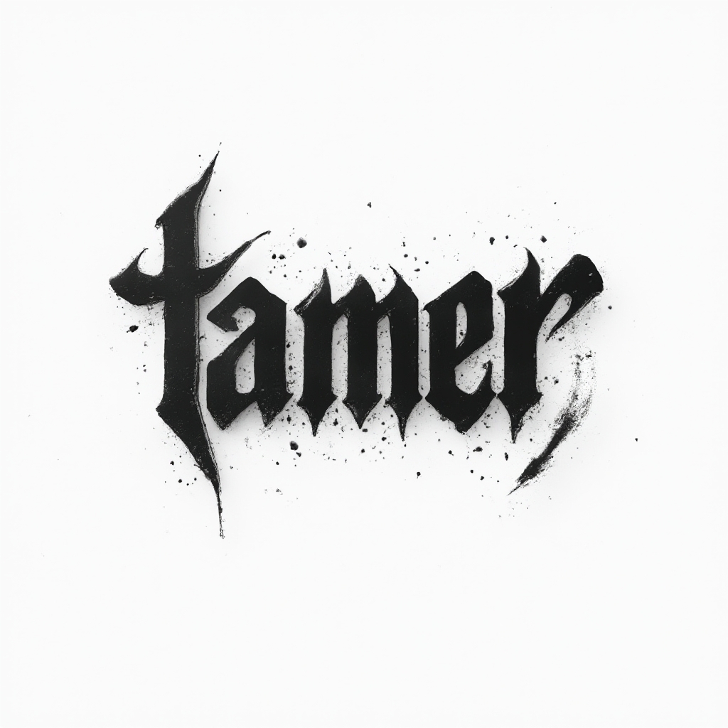 Dimensional black glyph-style tattoo emblem that encodes the name tamer into an interlocking symbol on a white background.