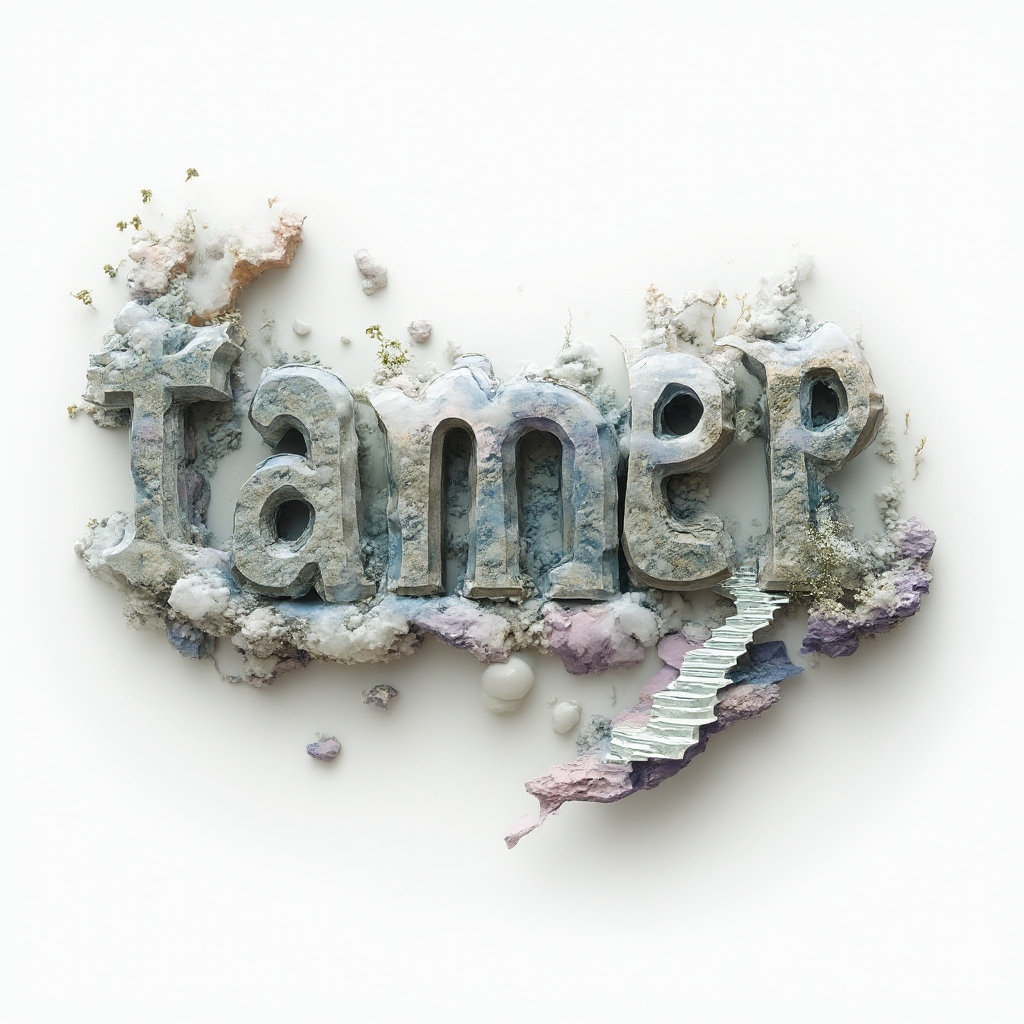 Surreal tattoo design where the name tamer is formed from dreamlike morphing shapes and floating elements on a white background.