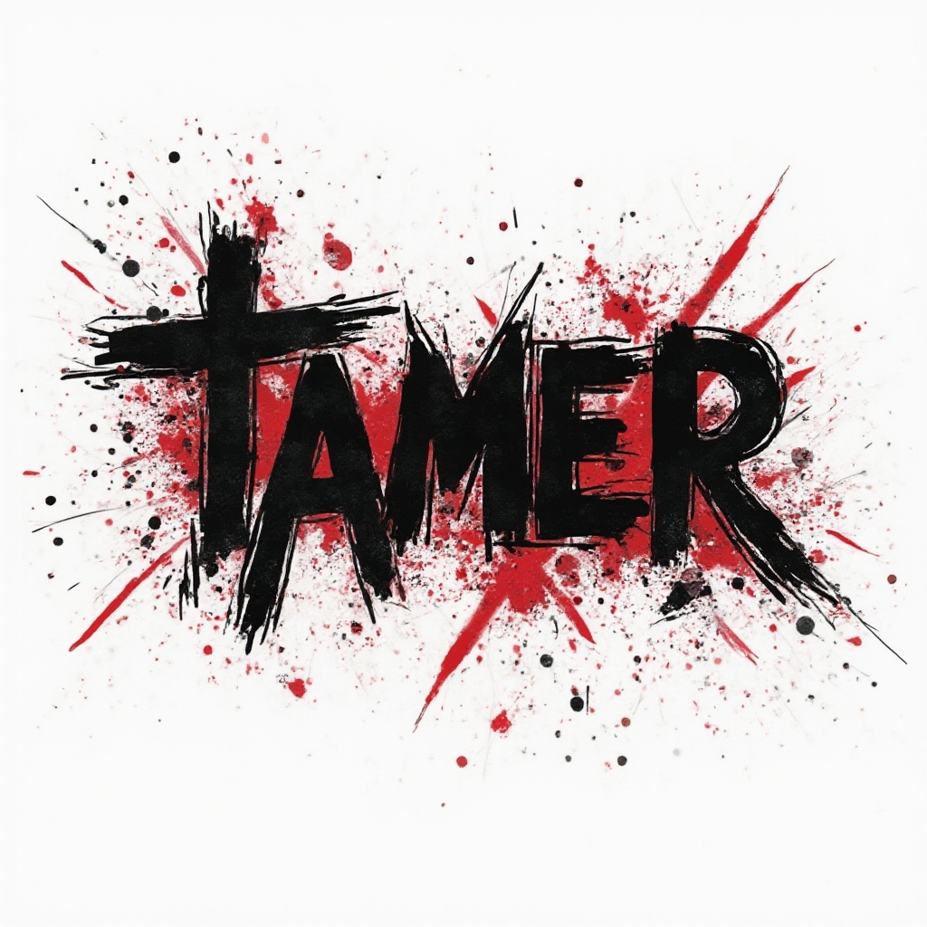 High-contrast Trash Polka style tattoo concept where the name tamer is broken into bold black letters with red splashes on a white background.