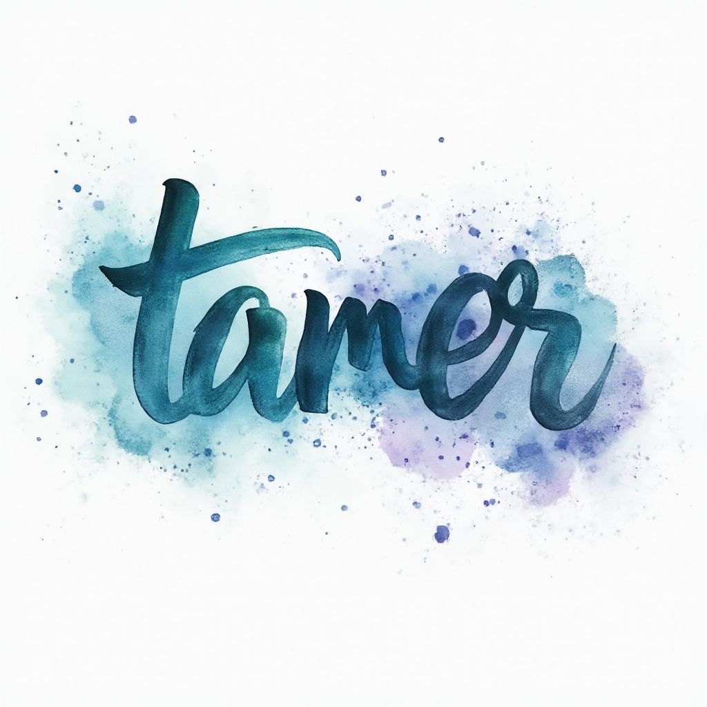 Watercolor tattoo concept where the name tamer is painted as flowing colorful ink letters with splashes on a white background.