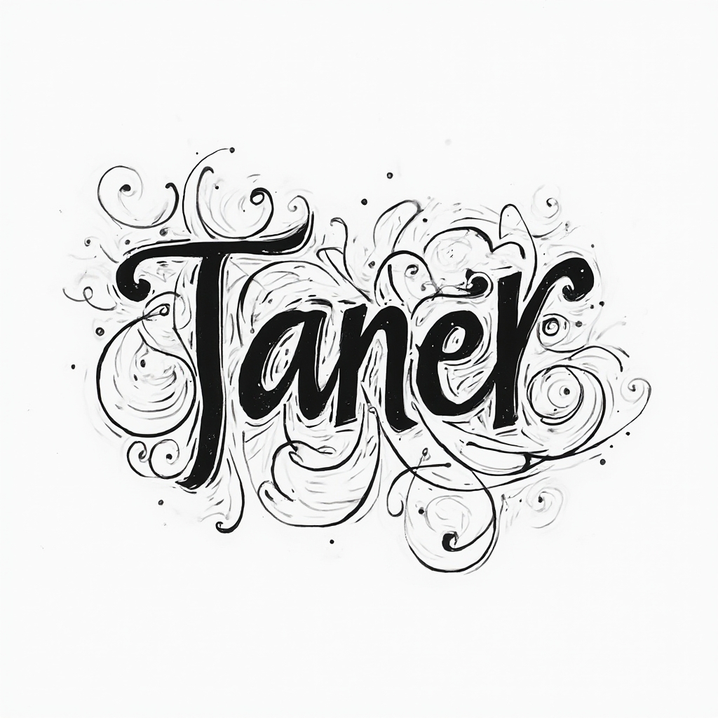 Abstract flowing linework tattoo where the name taner is integrated into ornamental curves on a white background