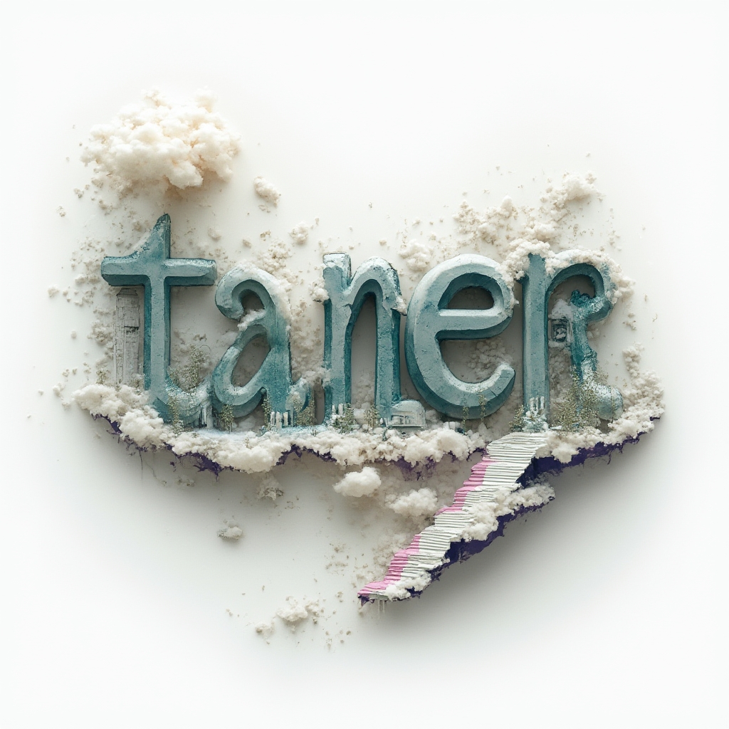Surreal tattoo concept where the name taner transforms into dreamlike architectural shapes and clouds on a white background