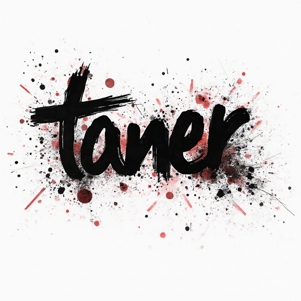 Trash Polka tattoo concept with the name taner in bold black script, red blocks, and ink splatters on a white background