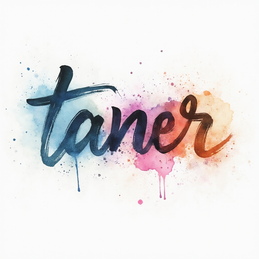 Taner tattoo design where the name is painted in flowing watercolor calligraphy with colorful splashes on a white background