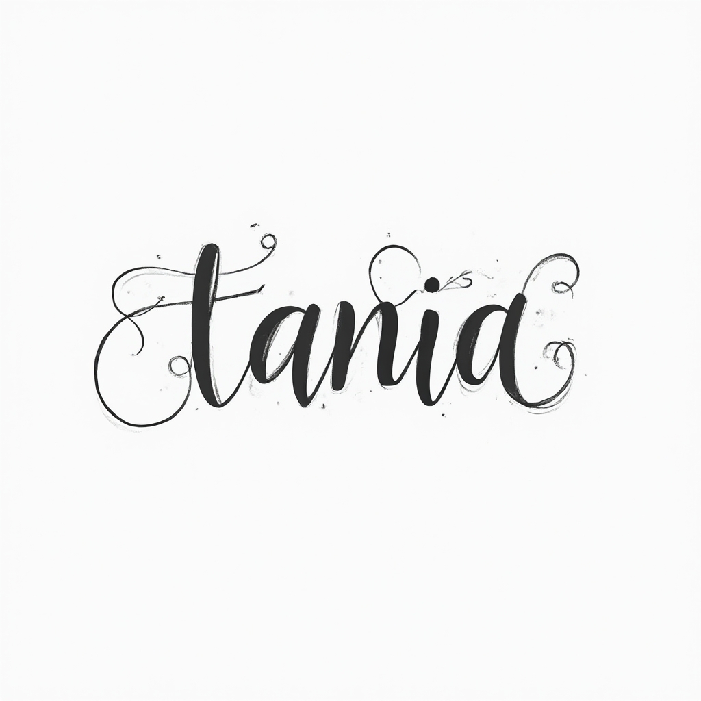 Elegant monochrome tattoo-style design of the name tania in flowing continuous script with subtle ornamental flourishes on a white background.