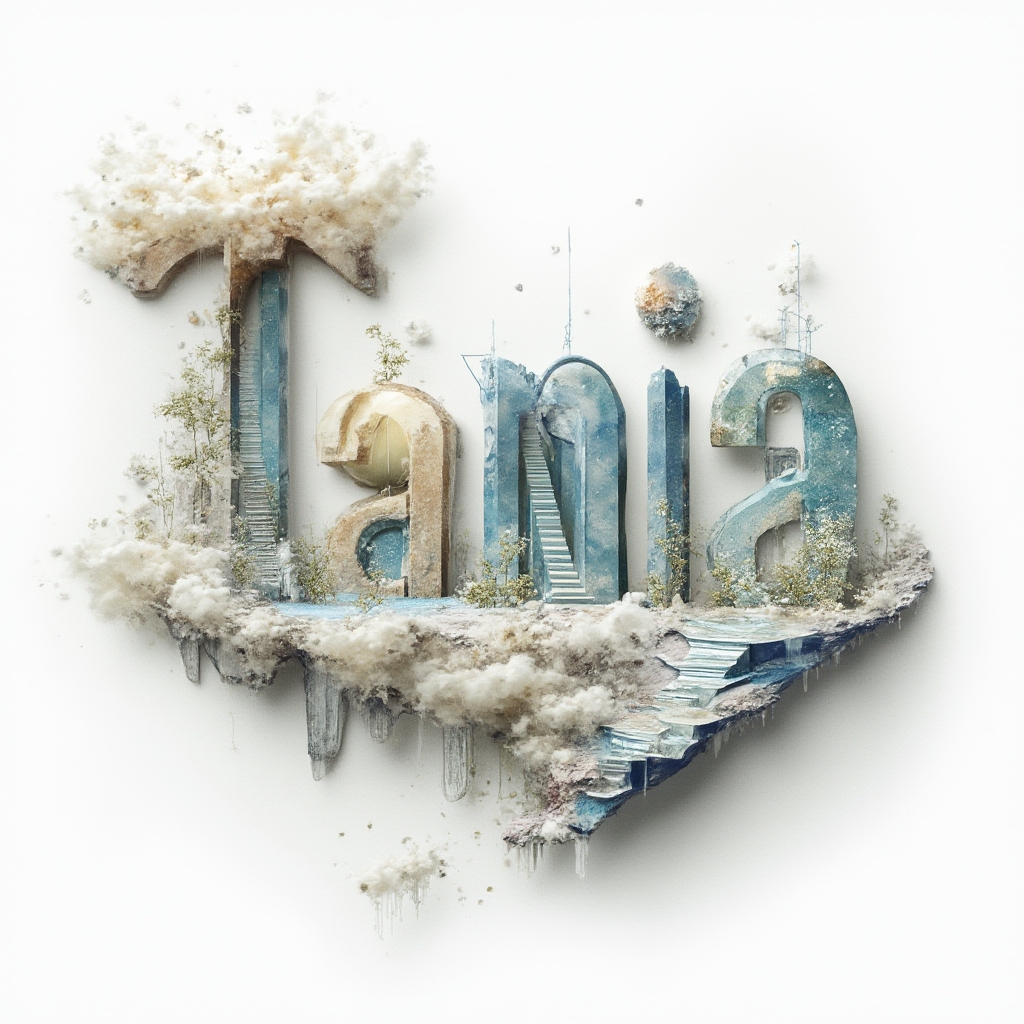 Surrealist tattoo-style design where the letters of tania are formed by floating dreamlike objects and landscapes on a white background.