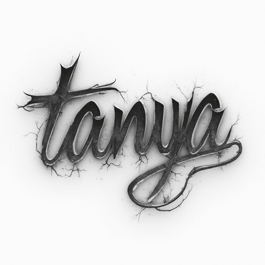 3D-inspired tattoo concept with the name tanya in interlocking dimensional lettering on a white background