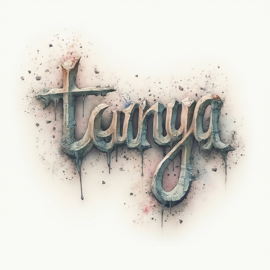 Surrealism-inspired tattoo concept with the name tanya morphing into dreamlike abstract lettering on white