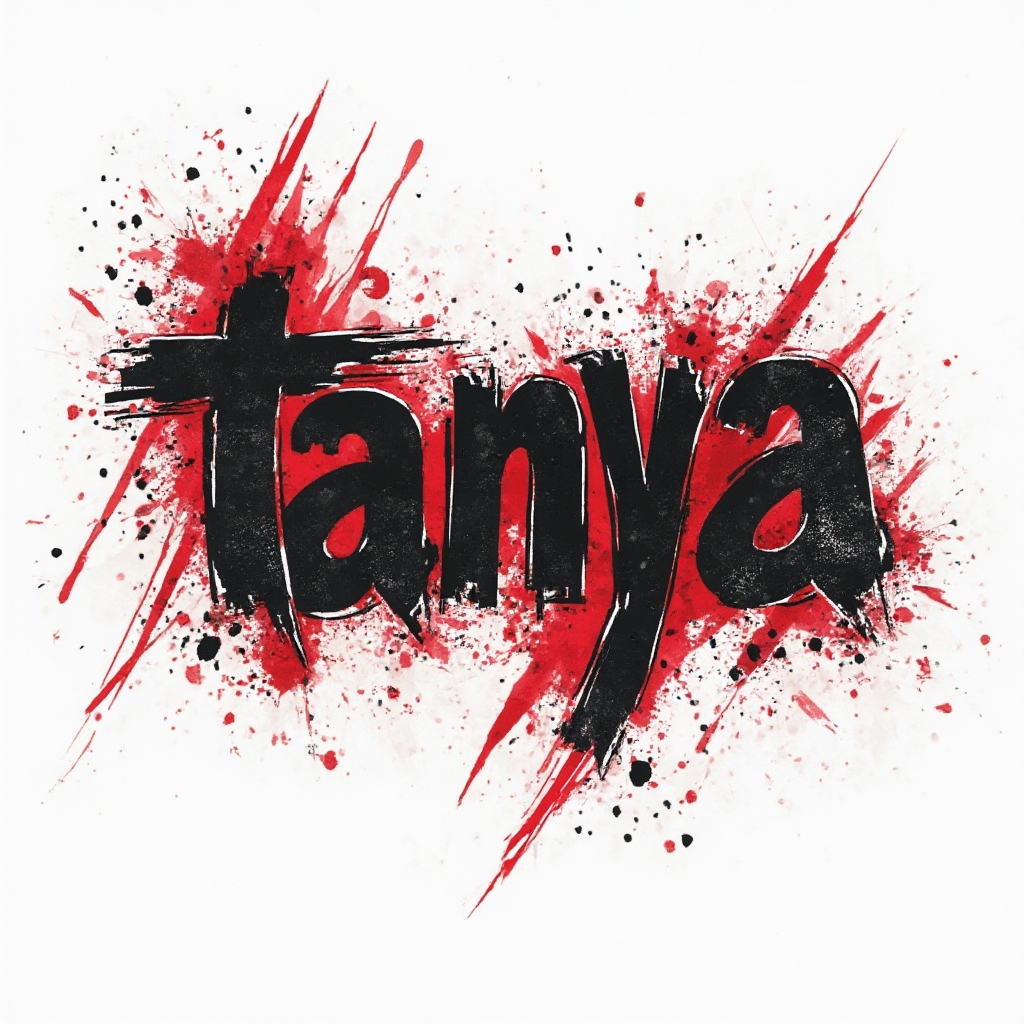 Trash Polka tattoo concept with the name tanya in fractured black and red graphic lettering on white