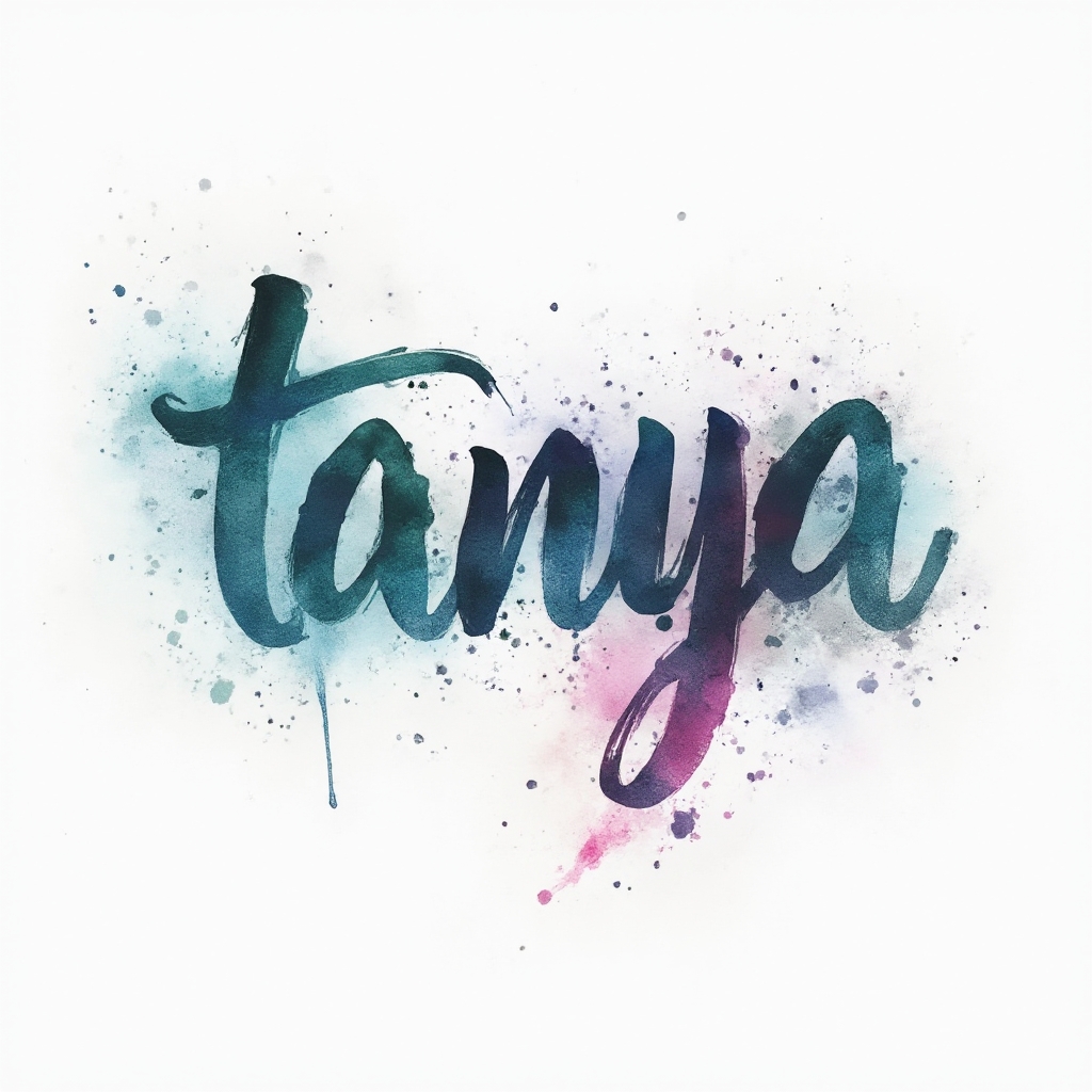 Watercolor tattoo concept with the name tanya in colorful flowing brush lettering on a white background